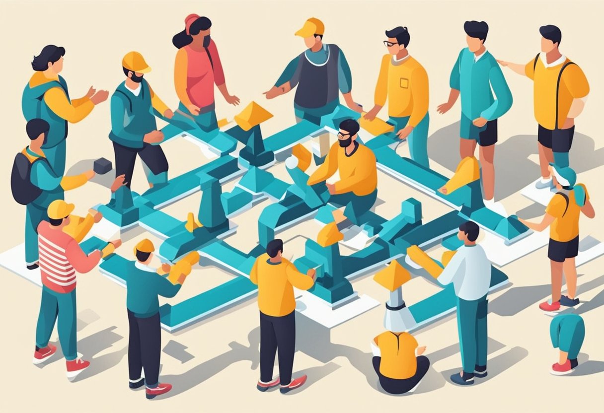 A group of individuals engage in team-building exercises, fostering trust and camaraderie