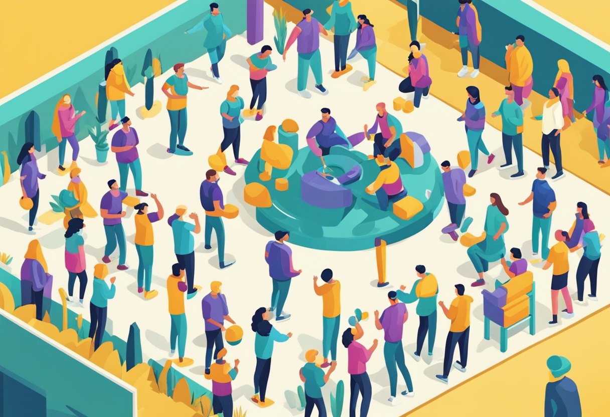 A group of people engage in trust-building exercises, supporting a male cancer warrior