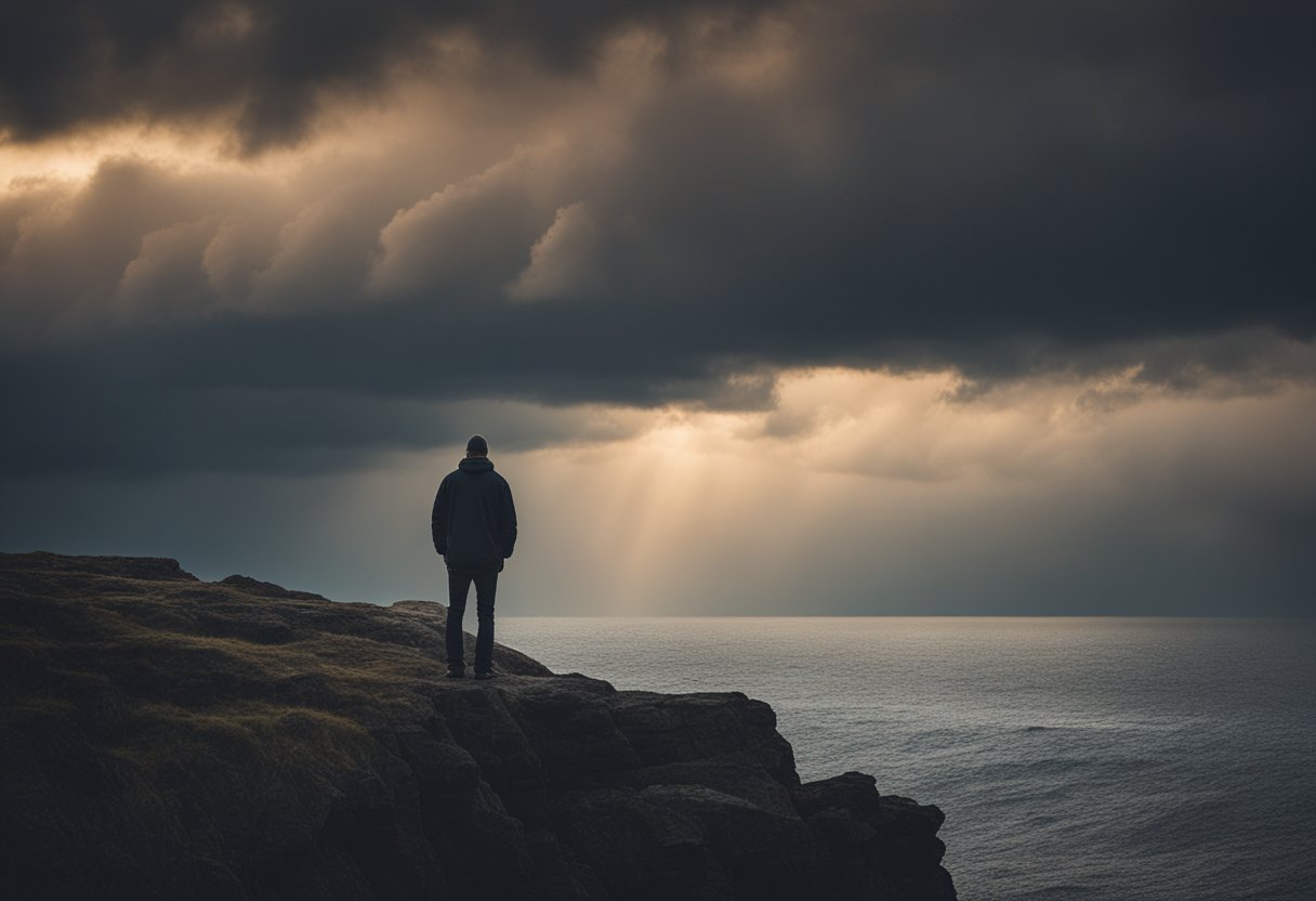 A lone figure stands on a cliff, looking out at the horizon. The sky is a mix of dark storm clouds and the soft glow of the setting sun, symbolizing the inner turmoil and hope of a traumatized cancer survivor