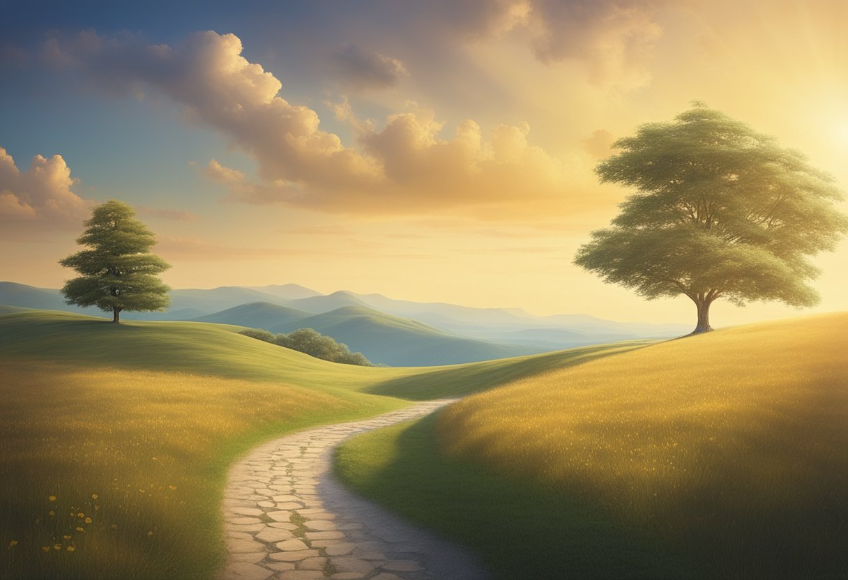A serene landscape with a winding path leading towards a peaceful, sunlit horizon, symbolizing hope and healing for the traumatized survivor