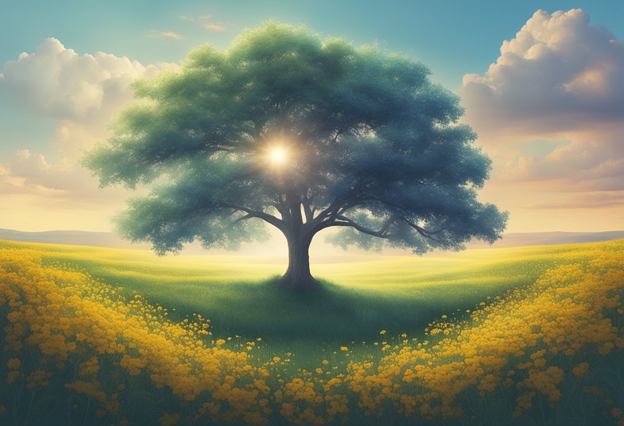 A serene landscape with a lone tree standing tall amidst a field of wildflowers, symbolizing hope and resilience in the face of trauma and survivorship