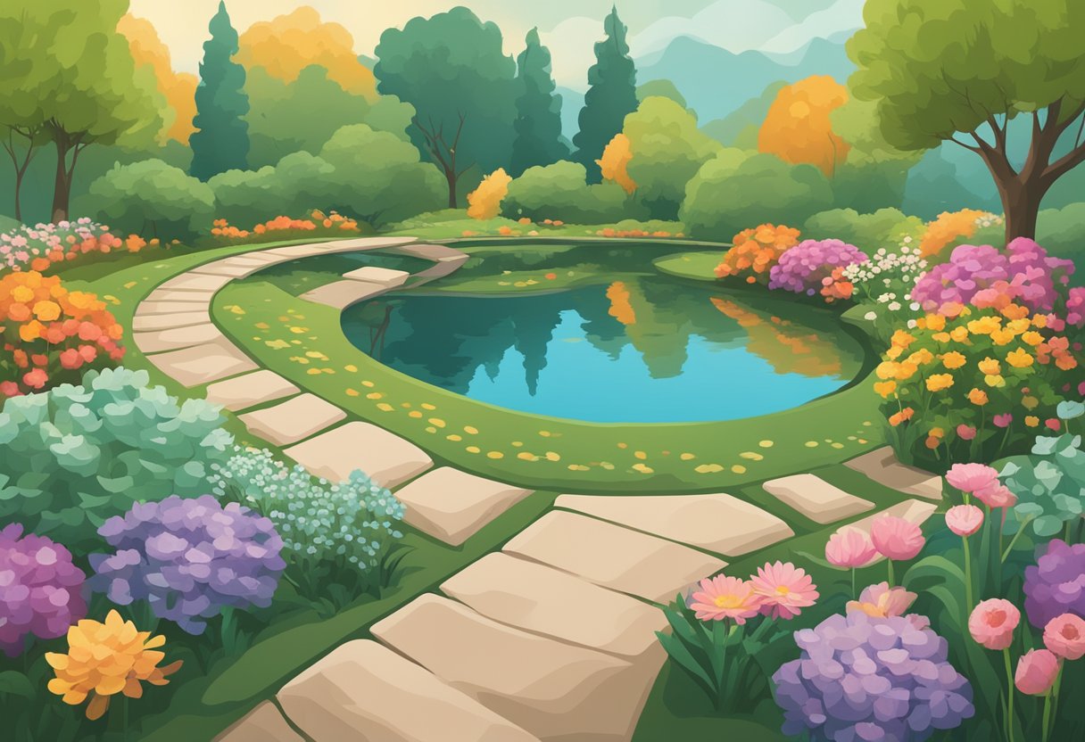 A serene garden with a winding path, a peaceful pond, and vibrant flowers, symbolizing the journey of a traumatized cancer survivor towards lifestyle management