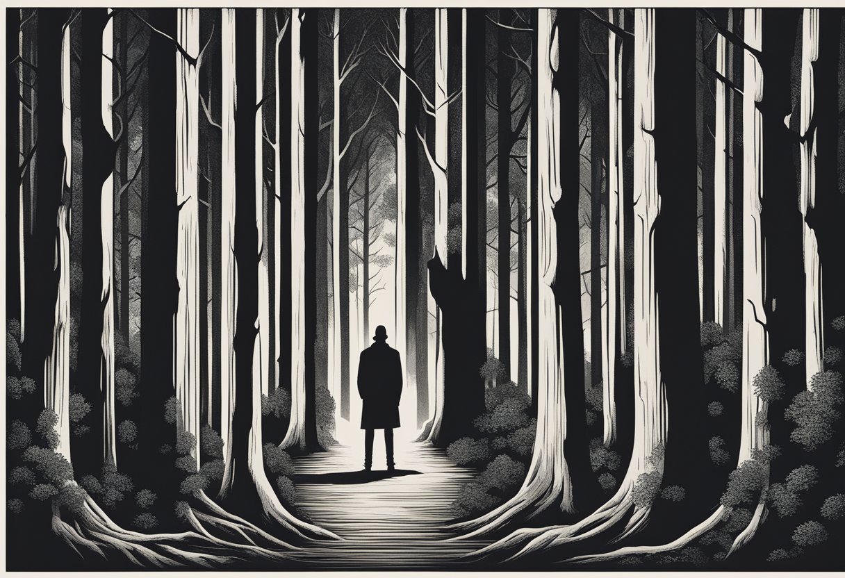 A lone figure stands in a dark forest, surrounded by towering trees. The survivor's face is etched with pain and determination, symbolizing the struggle of cancer survivorship