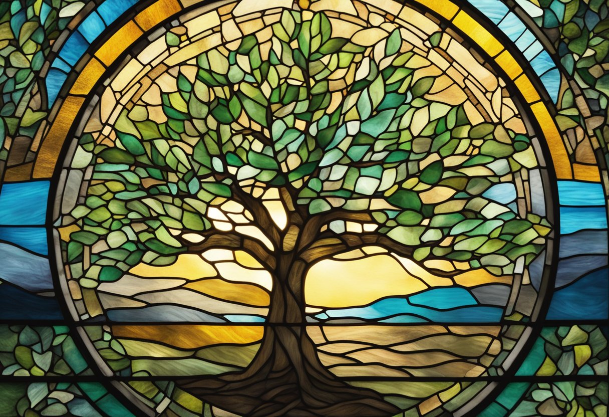 A lone tree shedding old leaves, sprouting new growth under a radiant sun