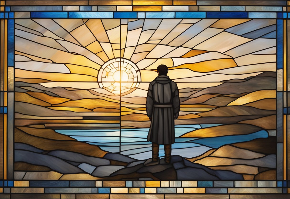 A lone figure stands at the edge of a vast, open landscape, facing the horizon with determination and hope. The sky is filled with warm, golden light, symbolizing a new beginning