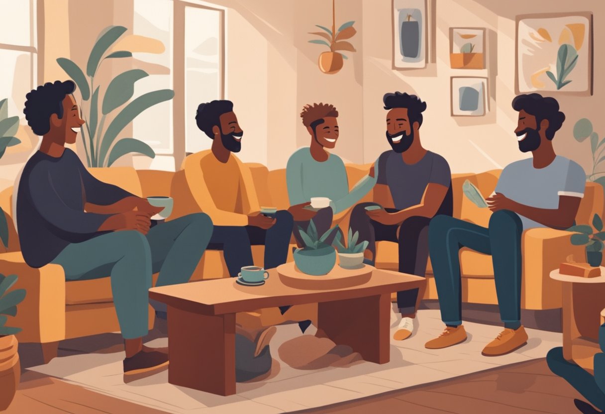 A man sits in a cozy living room, surrounded by friends. They share laughter and deep conversations, creating a warm and nurturing atmosphere