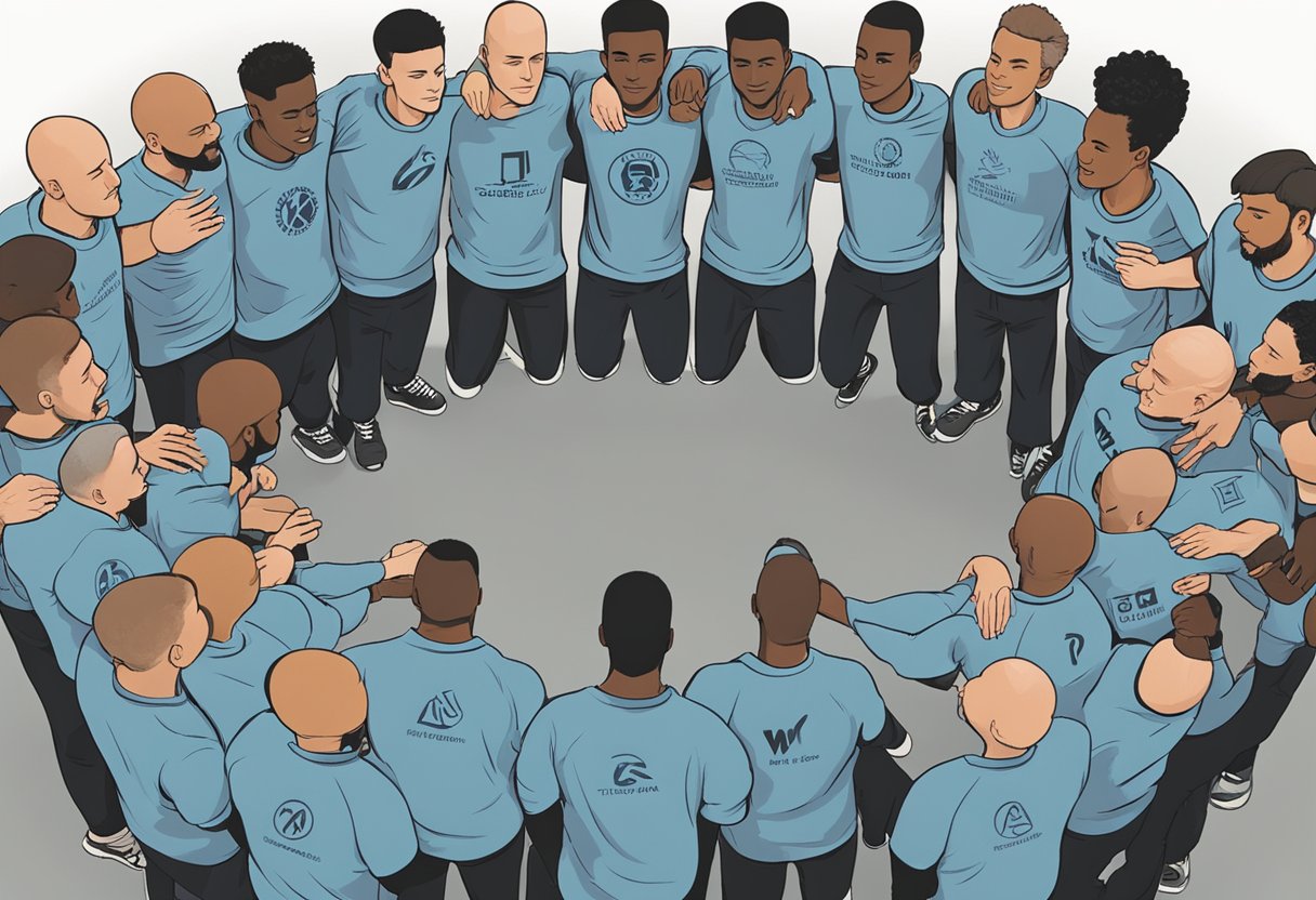 A group of male cancer warriors gather in a circle, offering each other support and encouragement. Their body language conveys strength and unity