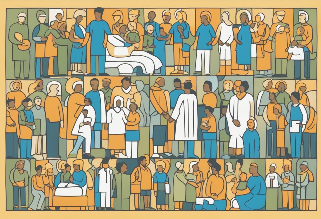 A male figure surrounded by friends, family, and healthcare professionals, receiving love and support during his battle with cancer