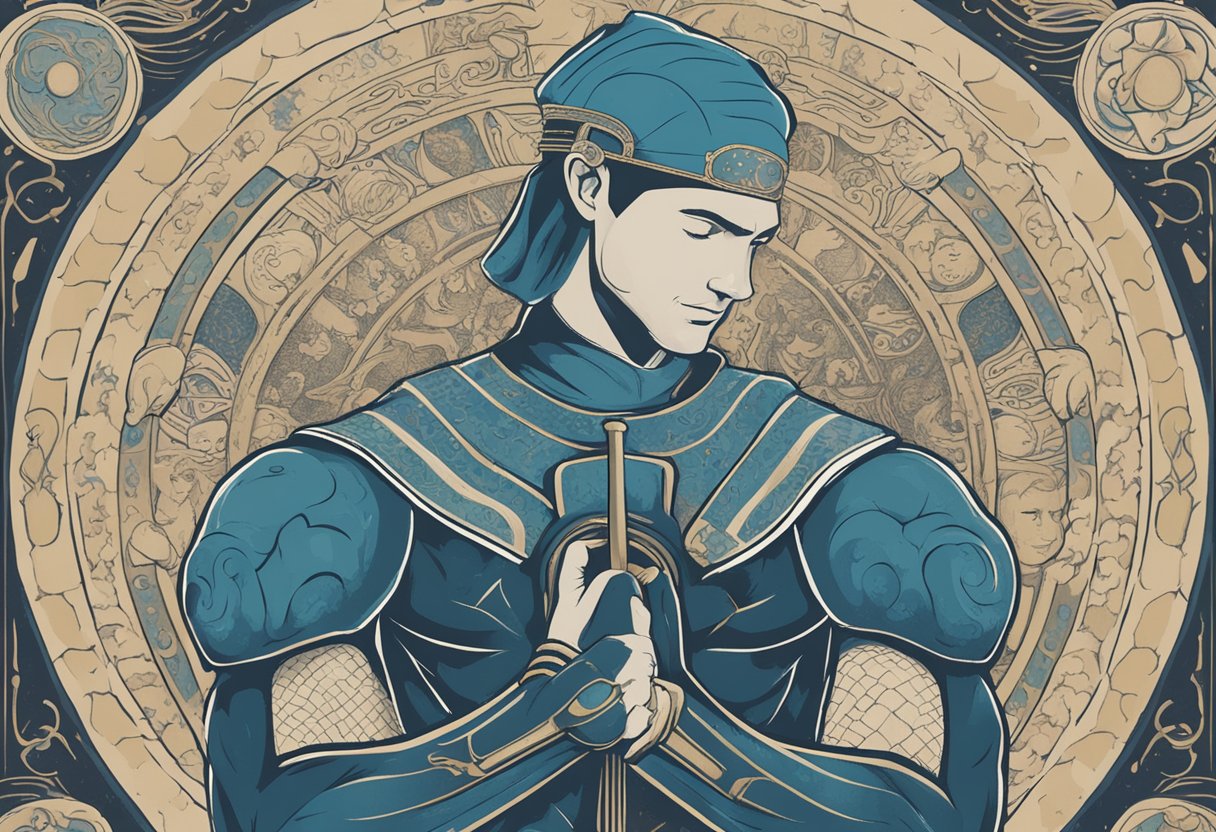 A male Cancer warrior stands in a nurturing embrace, surrounded by supportive relationships. The zodiac sign Cancer is depicted in the background