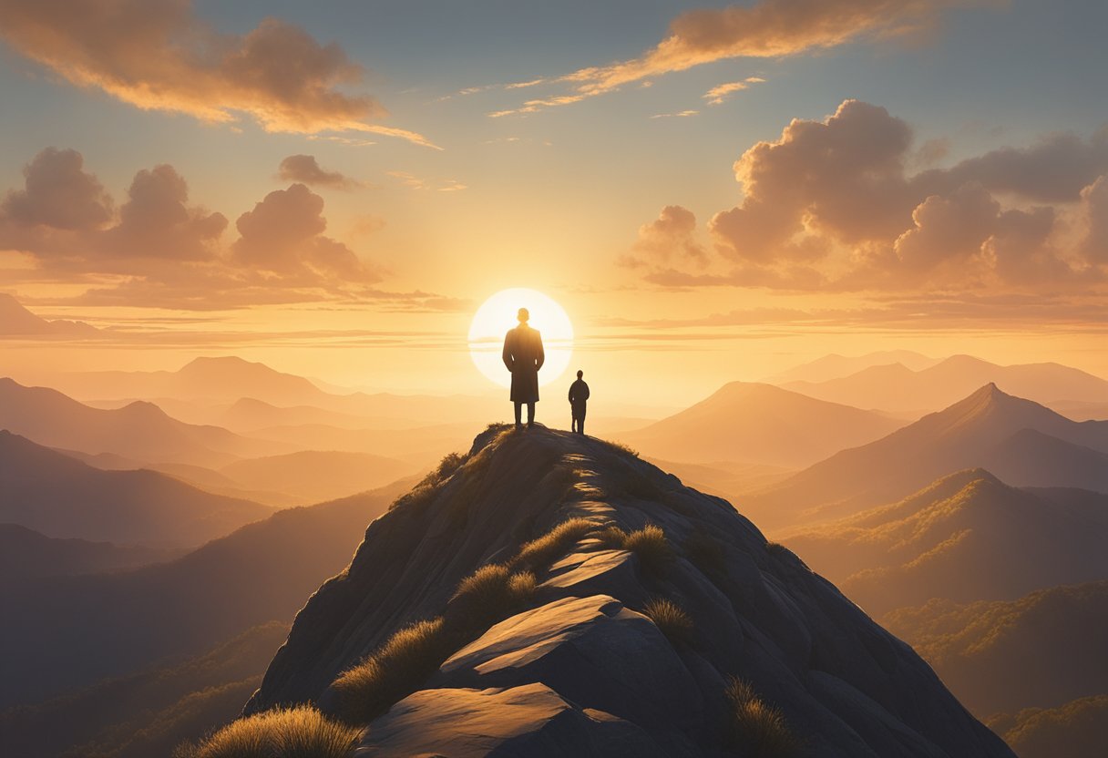 A figure stands atop a mountain, gazing out at the horizon with determination and hope in their eyes. The sun rises behind them, casting a warm glow over the landscape