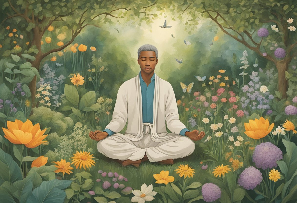 A man sits in a peaceful garden, surrounded by healing herbs and flowers. He is engaged in meditation and surrounded by symbols of his passions and purpose