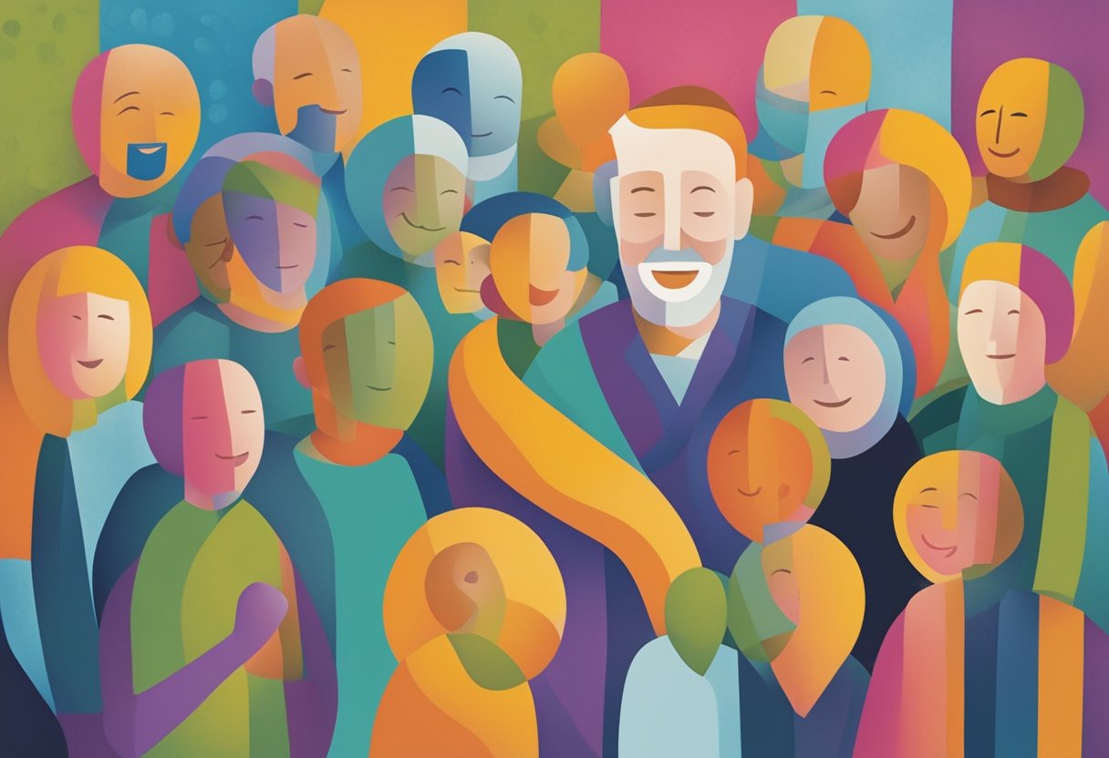 A man surrounded by family and friends, smiling and embracing each other, symbolizing support and love during his recovery from cancer