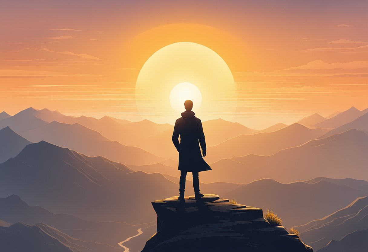 A lone figure stands on a mountain peak, gazing out at the horizon with determination. The sun sets behind him, casting a warm glow on the landscape below