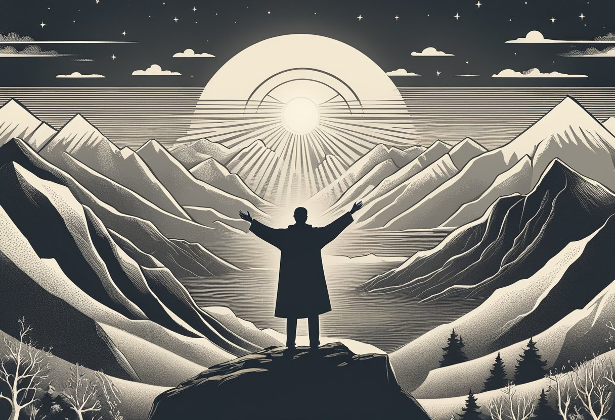 A man standing on a mountaintop, arms outstretched, facing the sun. Surrounding him are symbols of his passions and purpose, such as musical instruments and art supplies