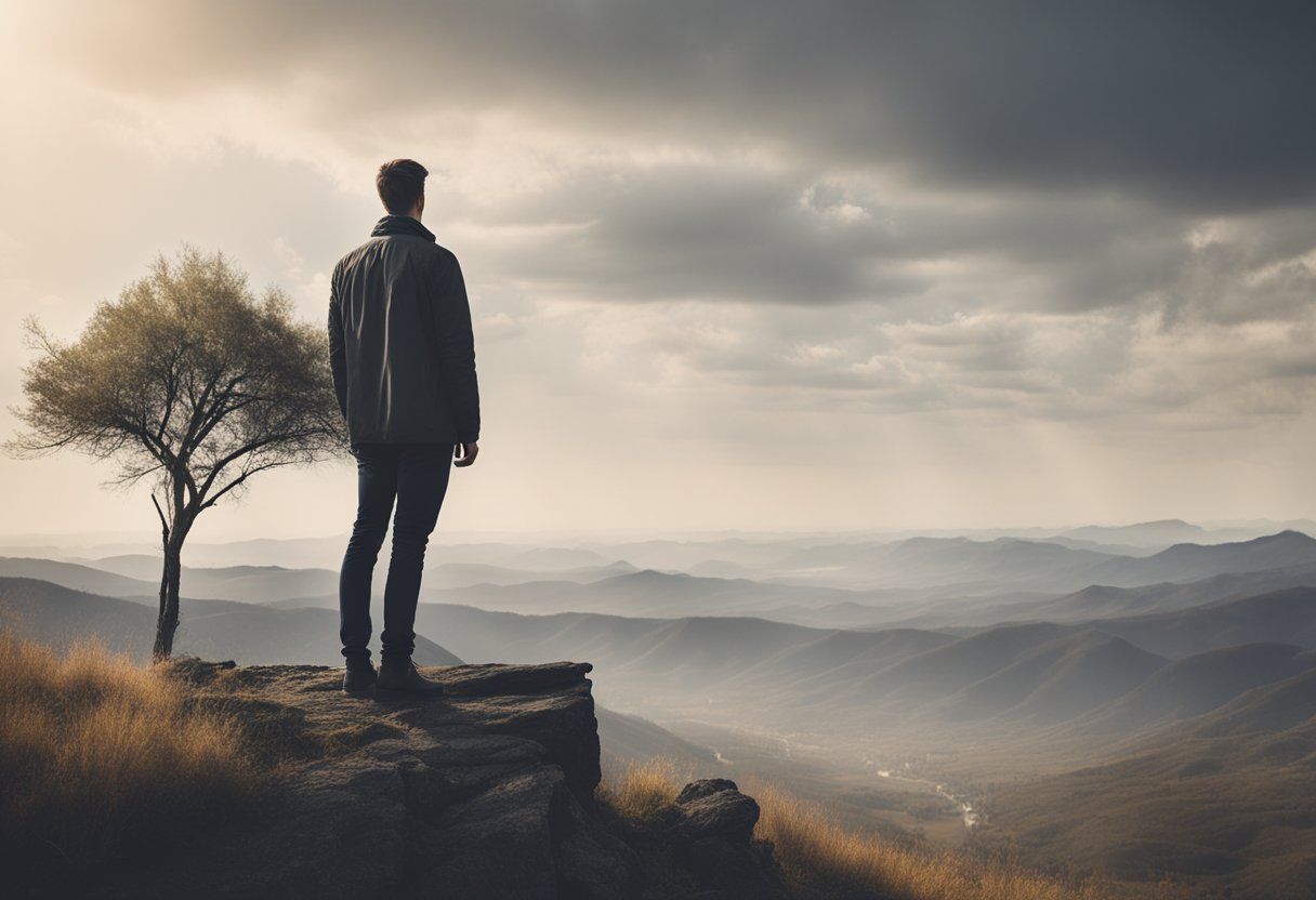 A man standing tall, looking out at a serene landscape, his body language exuding strength and resilience, symbolizing the triumph over post-treatment anxieties