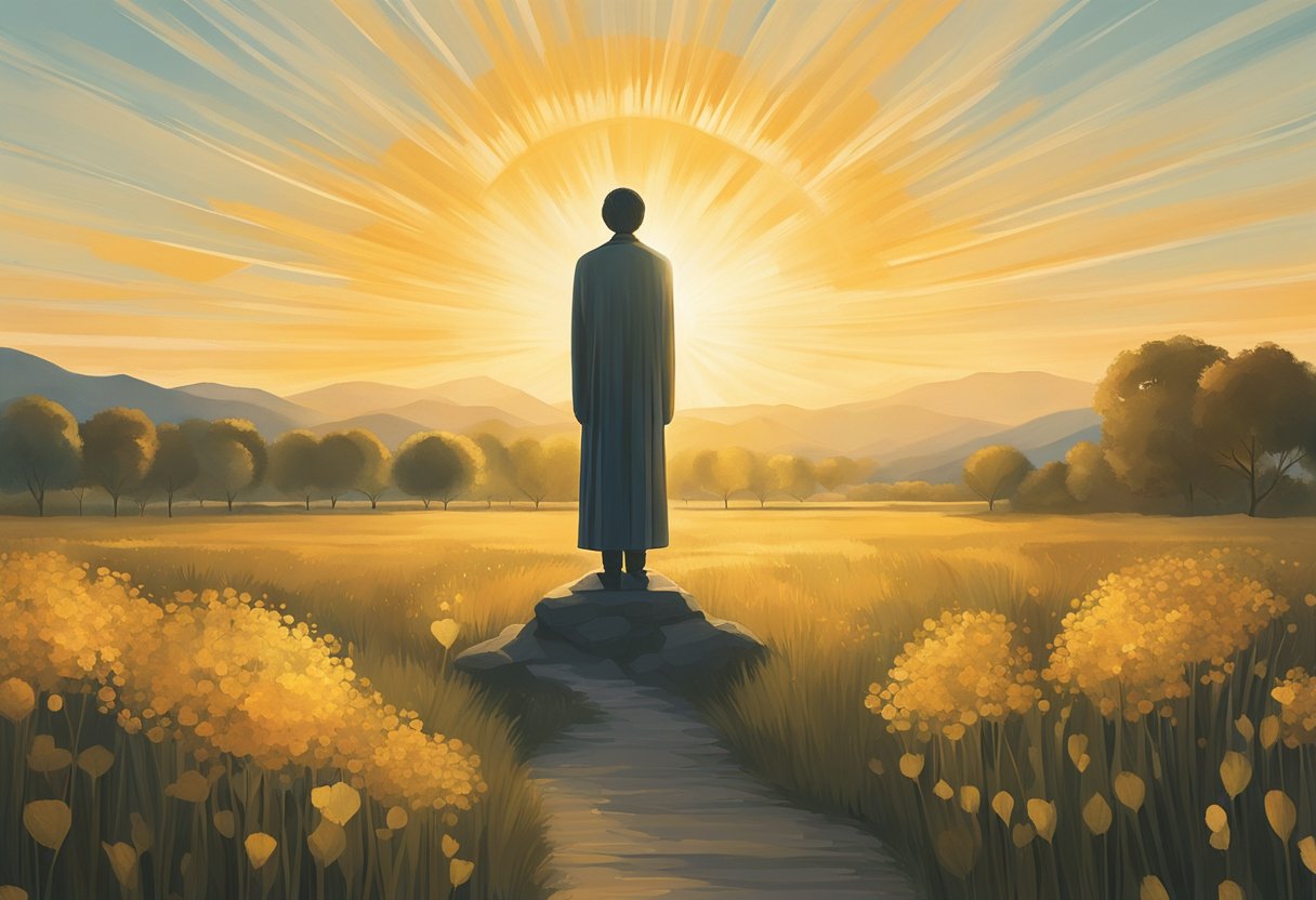 A figure stands tall, surrounded by a serene natural landscape. The sun shines down, casting a warm glow on the scene, symbolizing hope and resilience in the face of post-treatment anxieties