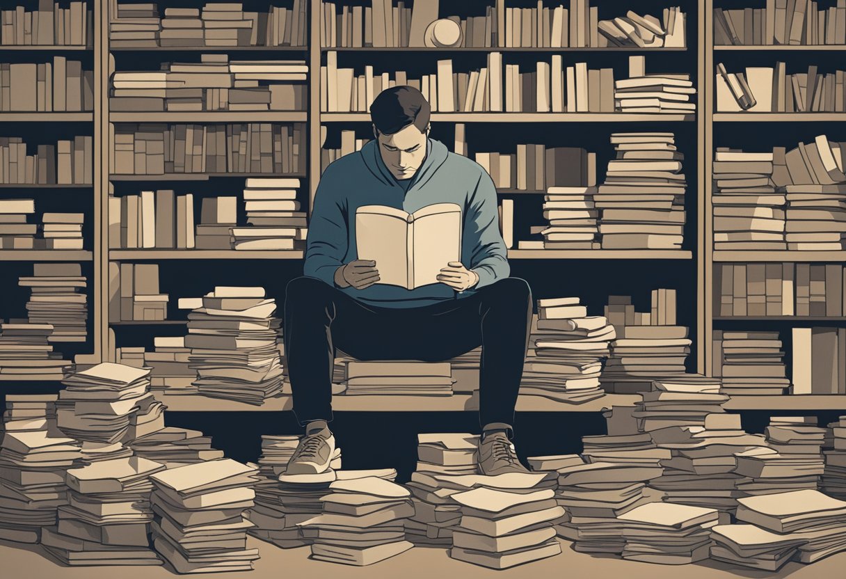 A man sits alone, surrounded by books and papers. His face is filled with determination as he confronts post-treatment anxieties