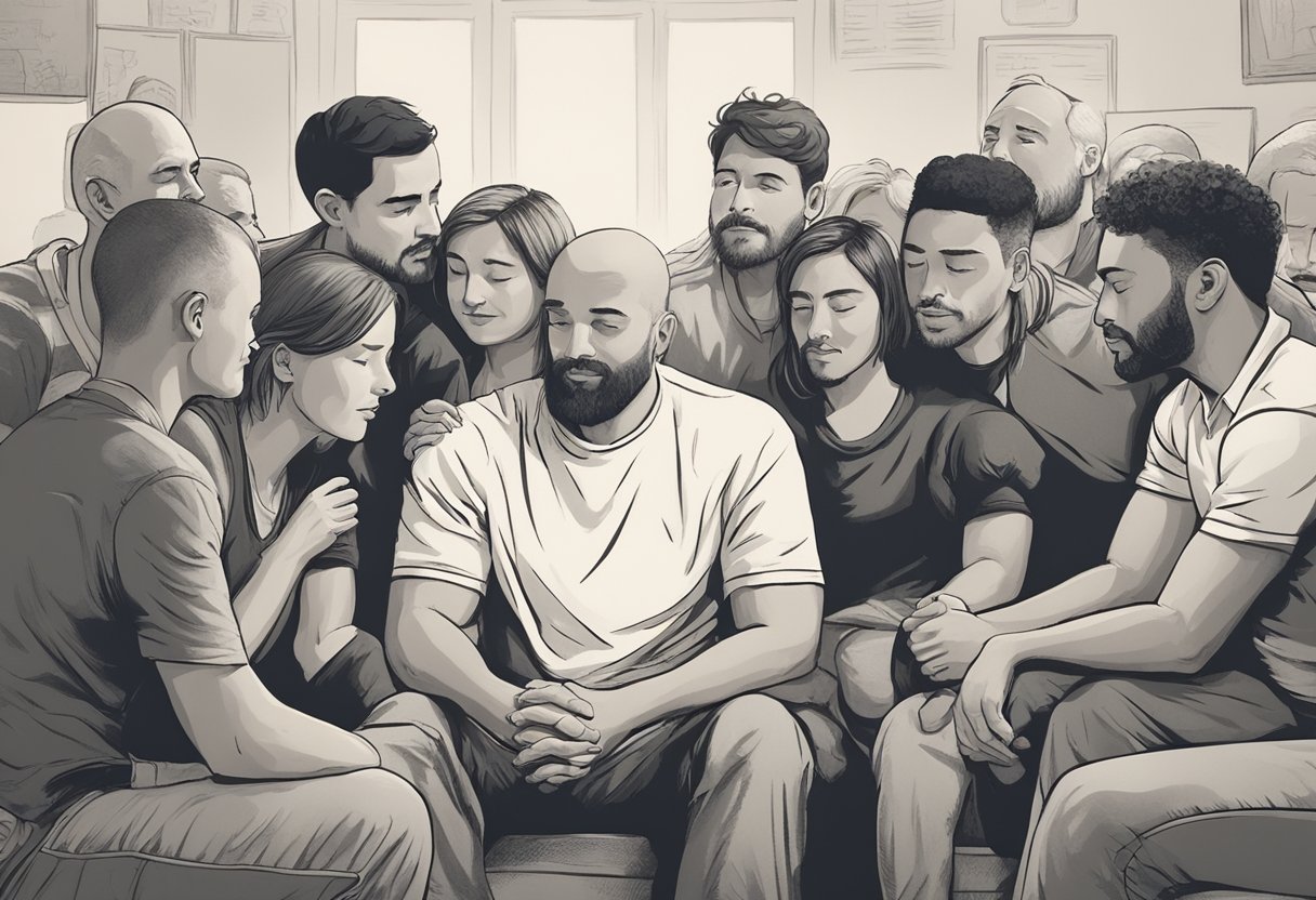 A group of supportive friends gather around a male cancer warrior, offering comfort and understanding as he navigates post-treatment anxieties