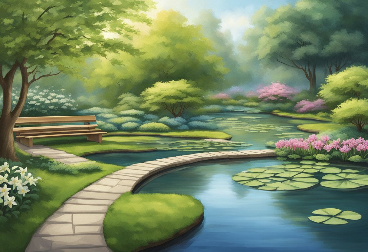 A serene garden with a winding path, a bench under a blossoming tree, and a peaceful pond with lily pads