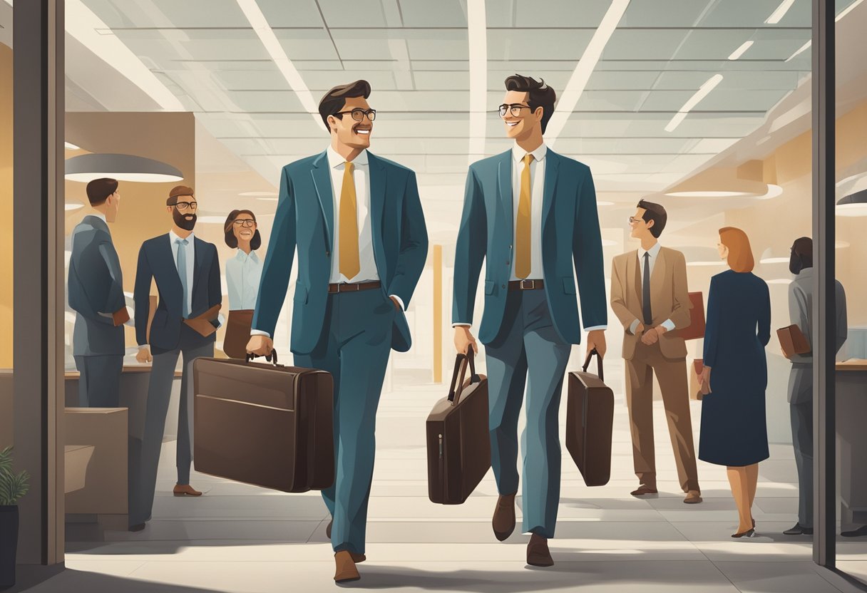 A man confidently walking into a workplace, holding a briefcase and smiling. Colleagues greet him warmly
