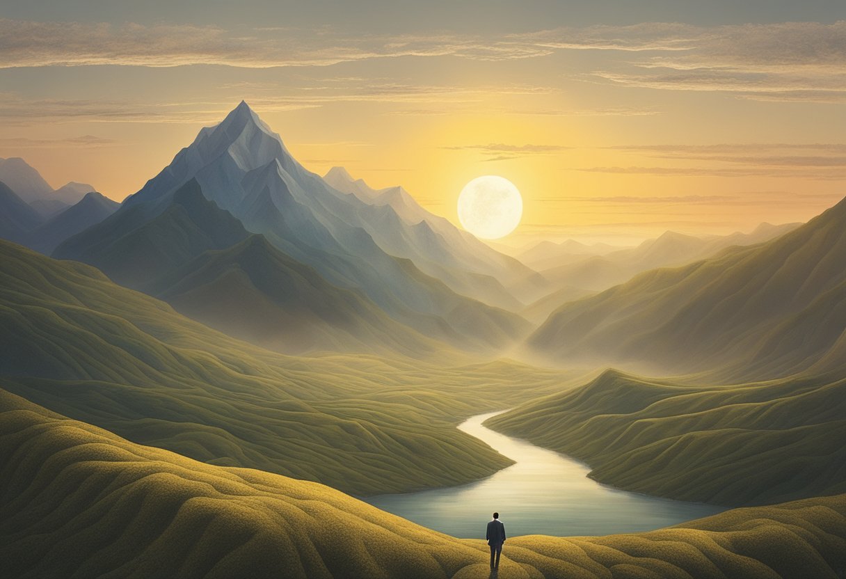 A figure stands tall, facing a mountainous terrain. The sun is rising, symbolizing new beginnings. The landscape is dotted with obstacles, but the figure is determined and confident