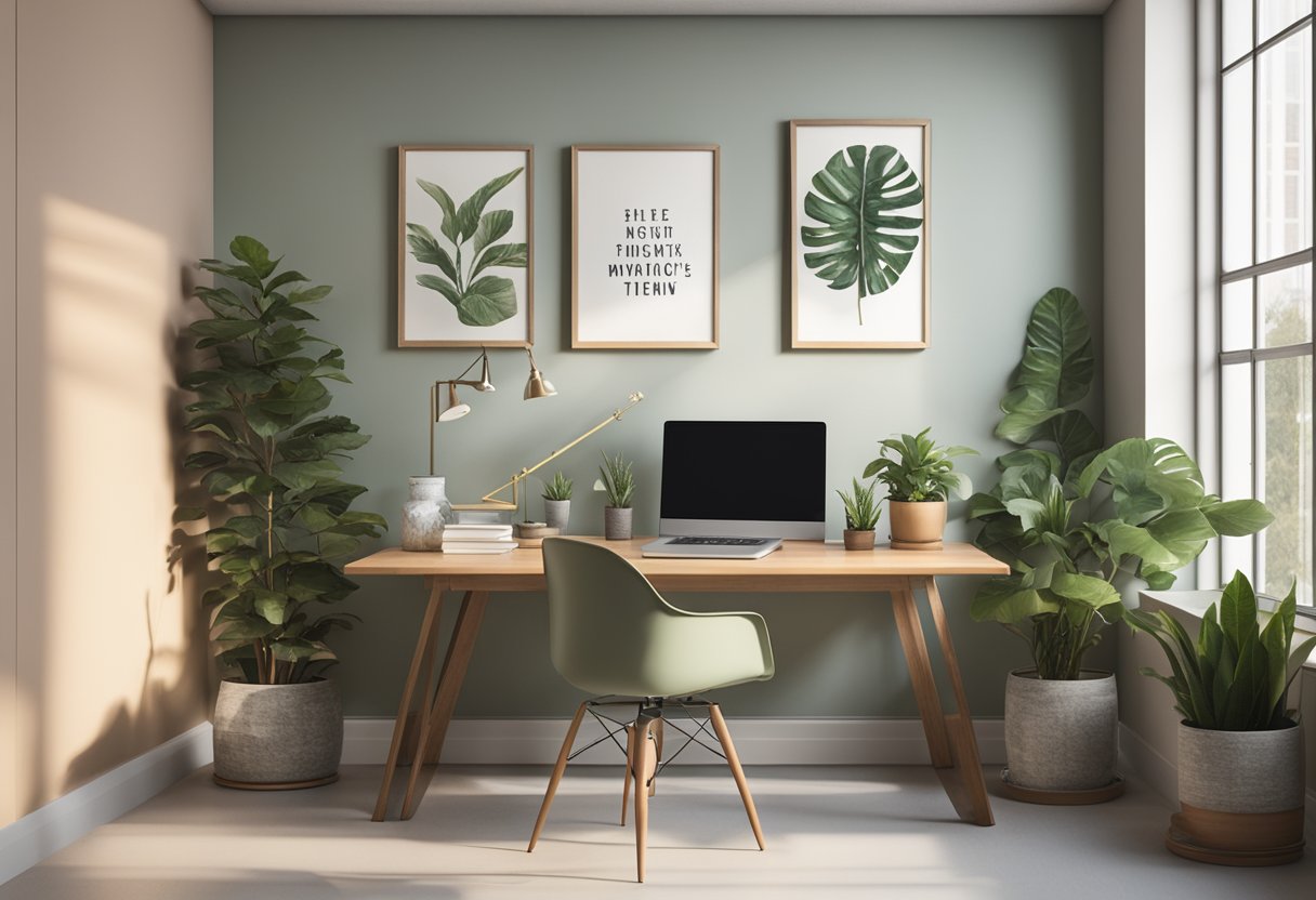 A tranquil office space with natural light, plants, and motivational quotes on the wall. A desk with a laptop and a cozy chair for reflection