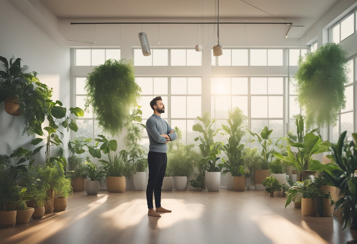 A man stands confidently in a bright, open office space, surrounded by green plants and natural light. He is engaged in various wellness activities, such as yoga or meditation, and is smiling with a sense of accomplishment