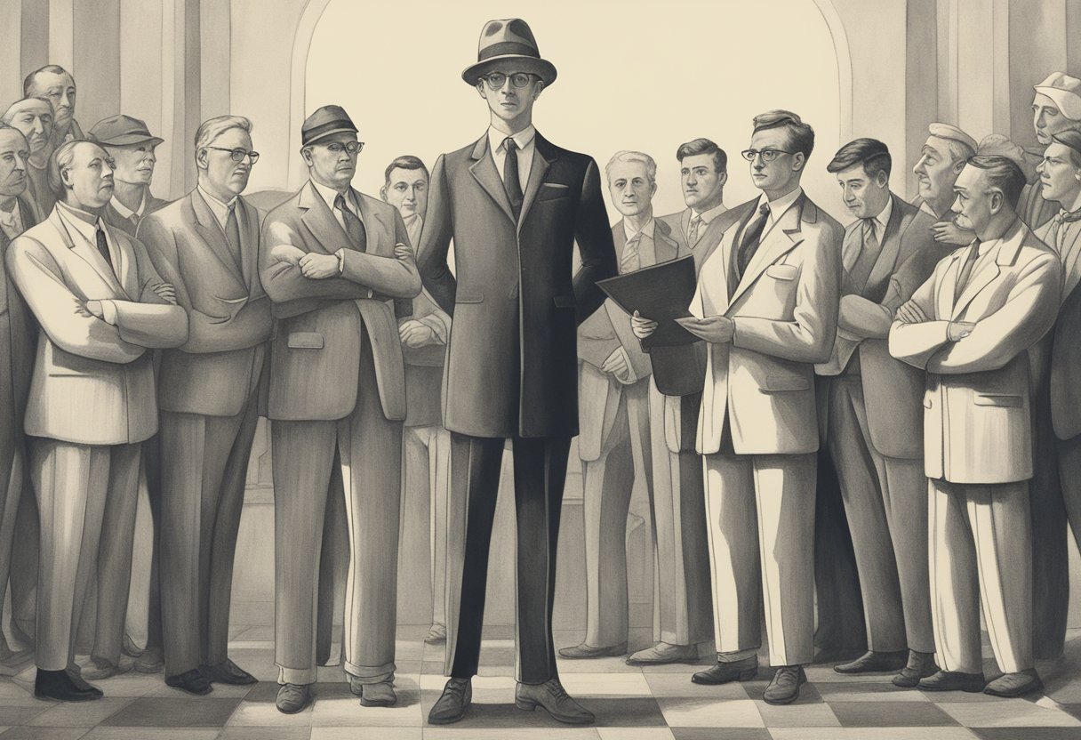 A male figure standing tall, surrounded by supportive colleagues and mentors, holding a certificate of achievement. Confidence radiates from his posture