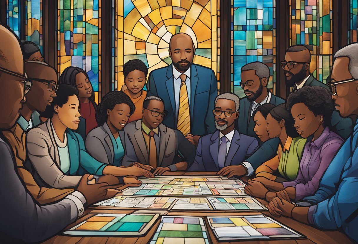 A group of diverse professionals gather around a male cancer warrior, offering support and guidance. Financial documents and resources are spread out on a table, symbolizing the cultivation of financial wellness