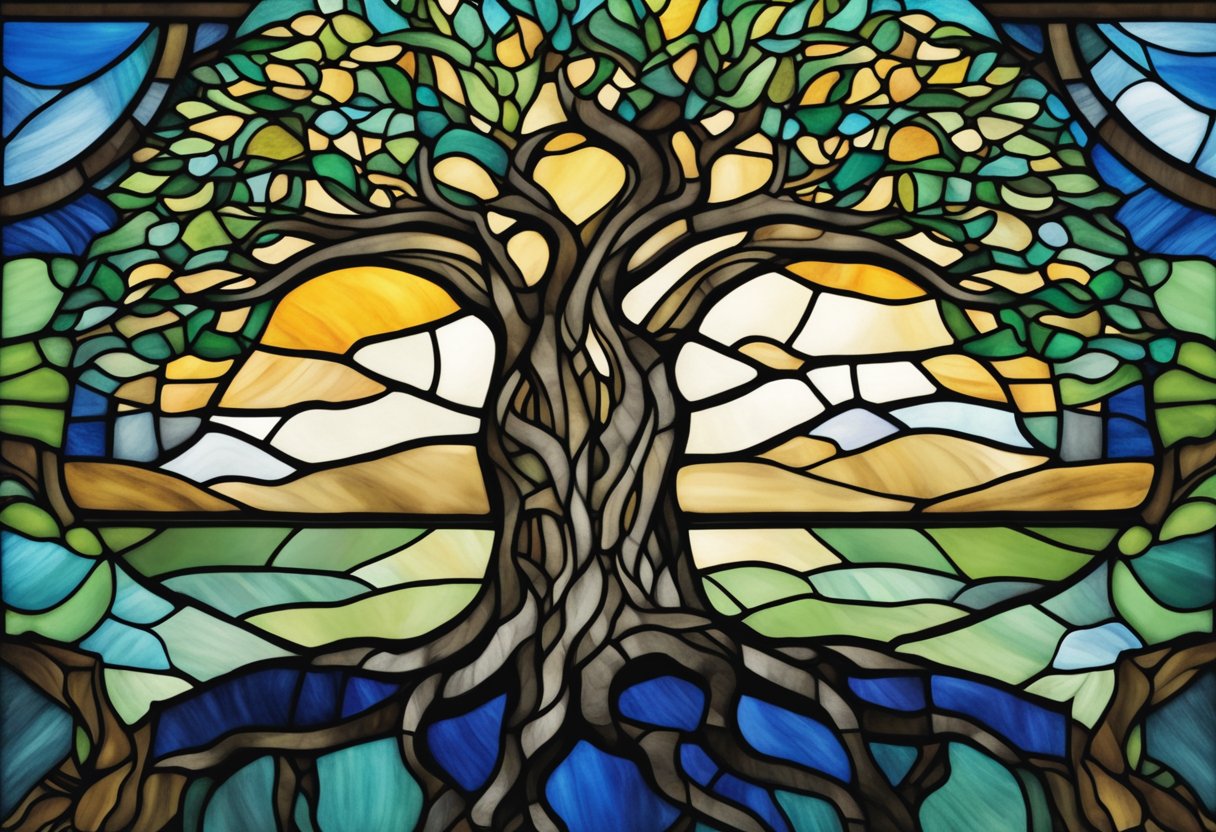 A sturdy tree with deep roots, surrounded by a storm but standing strong and resilient. A symbol of inner strength and financial wellness