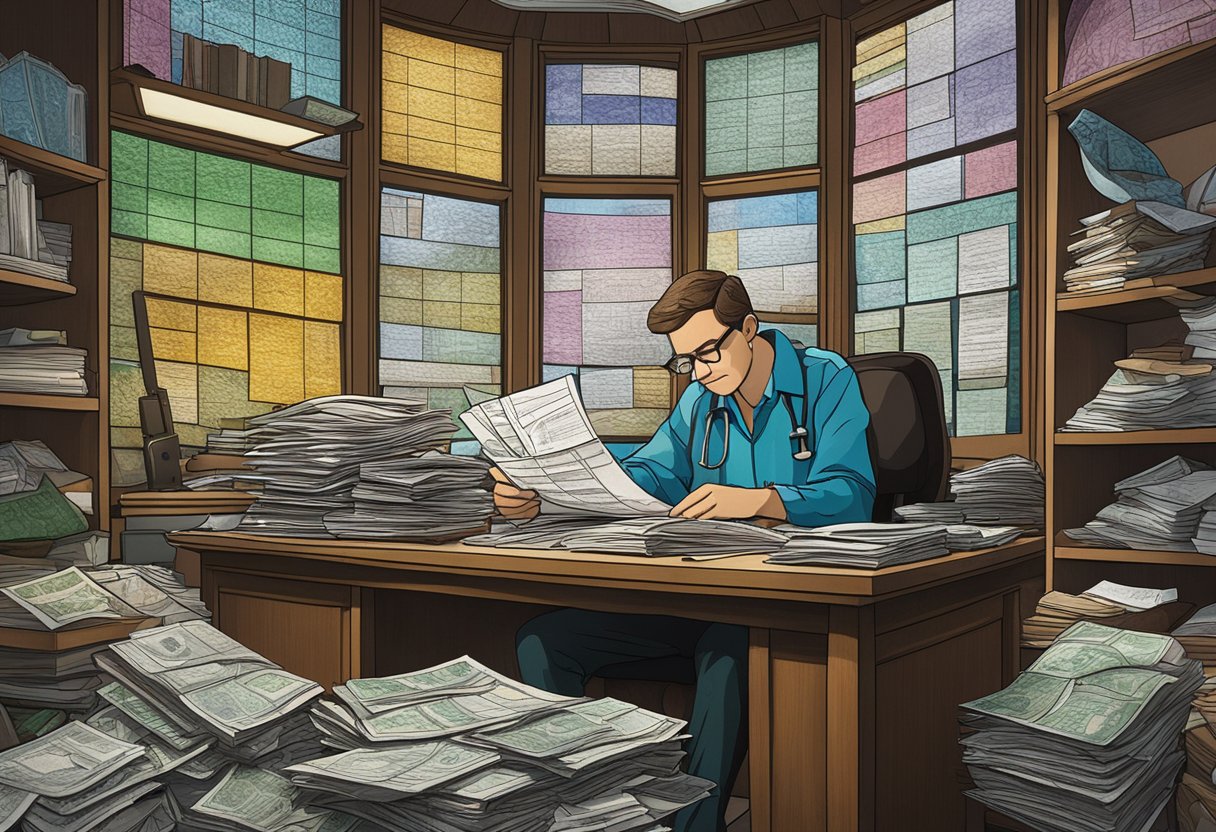 A man sits at a cluttered desk, surrounded by medical bills and paperwork. His brow is furrowed in concentration as he reviews his financial burdens from cancer treatment