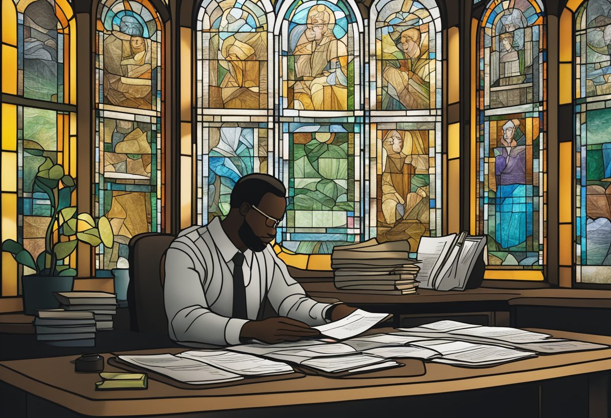 A figure sits at a desk, surrounded by financial documents. They are taking deep breaths and organizing their thoughts, showing determination to manage financial stress