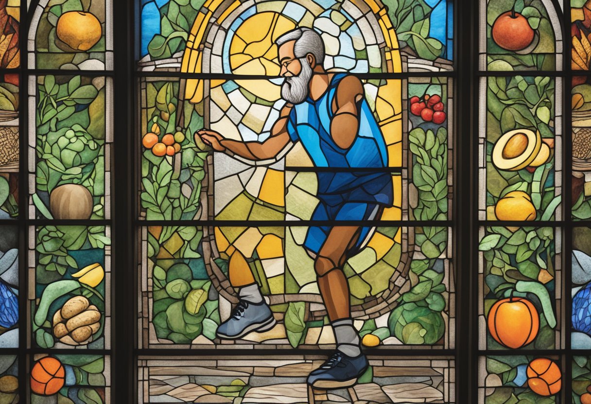 A man engages in exercise while surrounded by healthy food, symbolizing the importance of diet and exercise in recovery for male cancer warriors