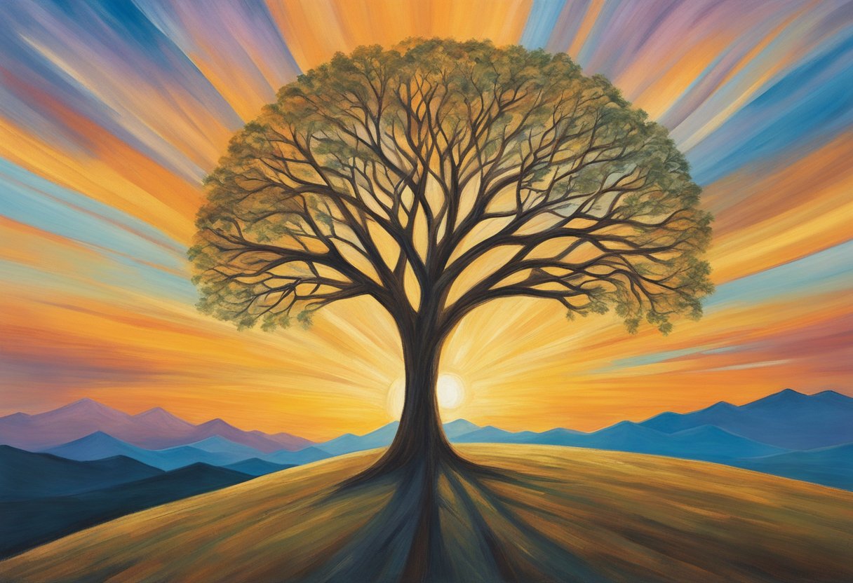 A lone tree stands tall, its branches reaching towards the sky as the sun sets, symbolizing the spiritual growth of a male cancer warrior