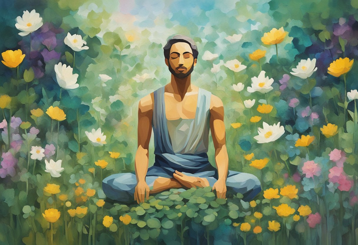 A male figure stands in a serene garden, surrounded by blooming flowers and lush greenery. His eyes are closed in meditation, and a sense of peace and inner strength emanates from his posture