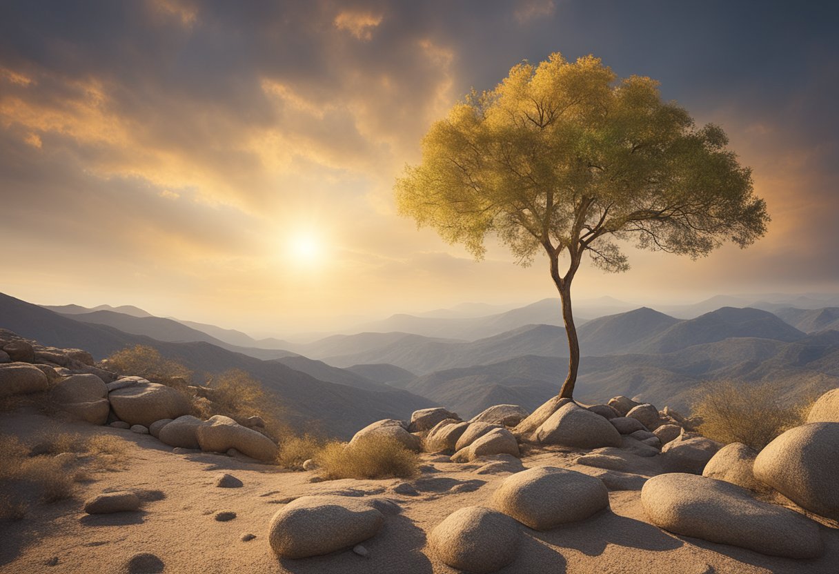 A lone tree stands tall amidst rocky terrain, symbolizing resilience. The sun casts a warm glow, representing spiritual growth