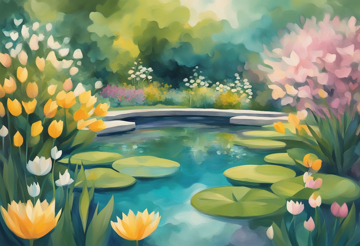 A serene garden with blooming flowers, a tranquil pond, and a gentle breeze, symbolizing spiritual growth for a male cancer warrior