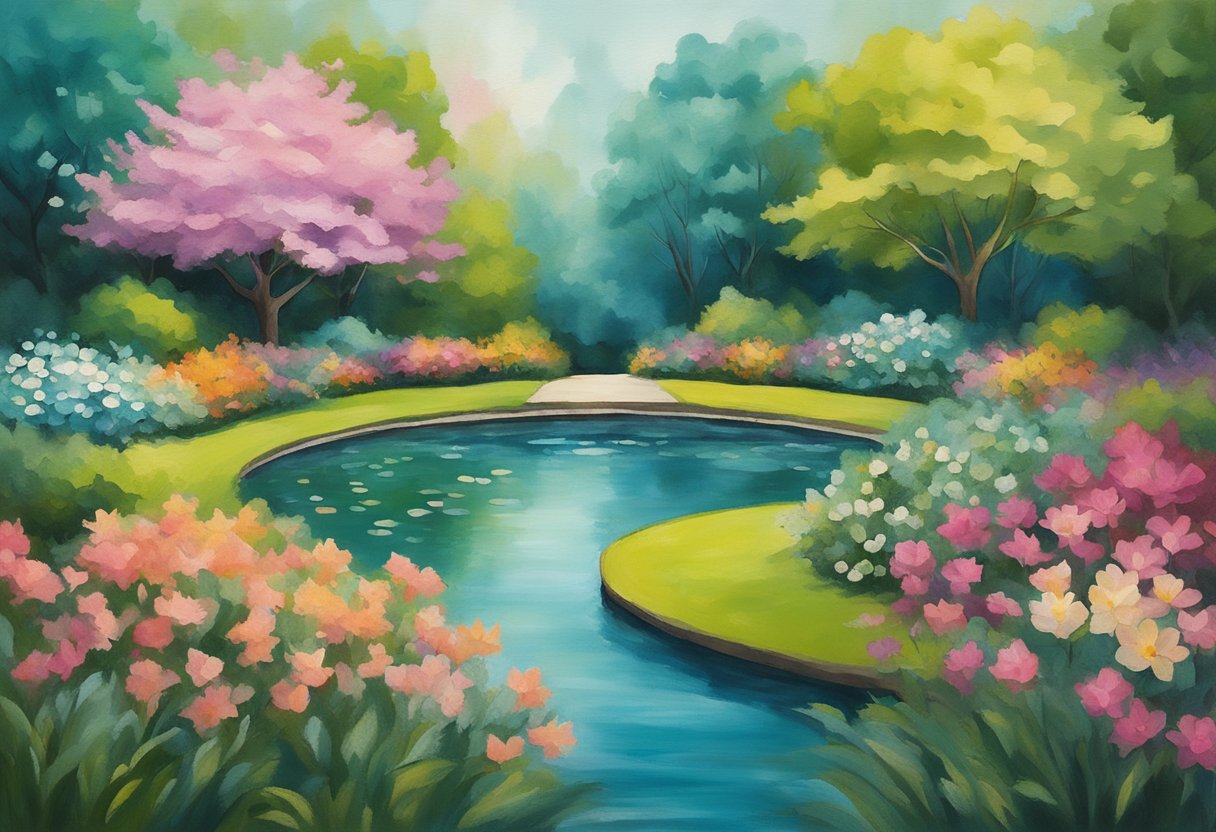 A serene garden with a tranquil pond, surrounded by lush greenery and blooming flowers, symbolizing spiritual growth and healing for a male cancer warrior