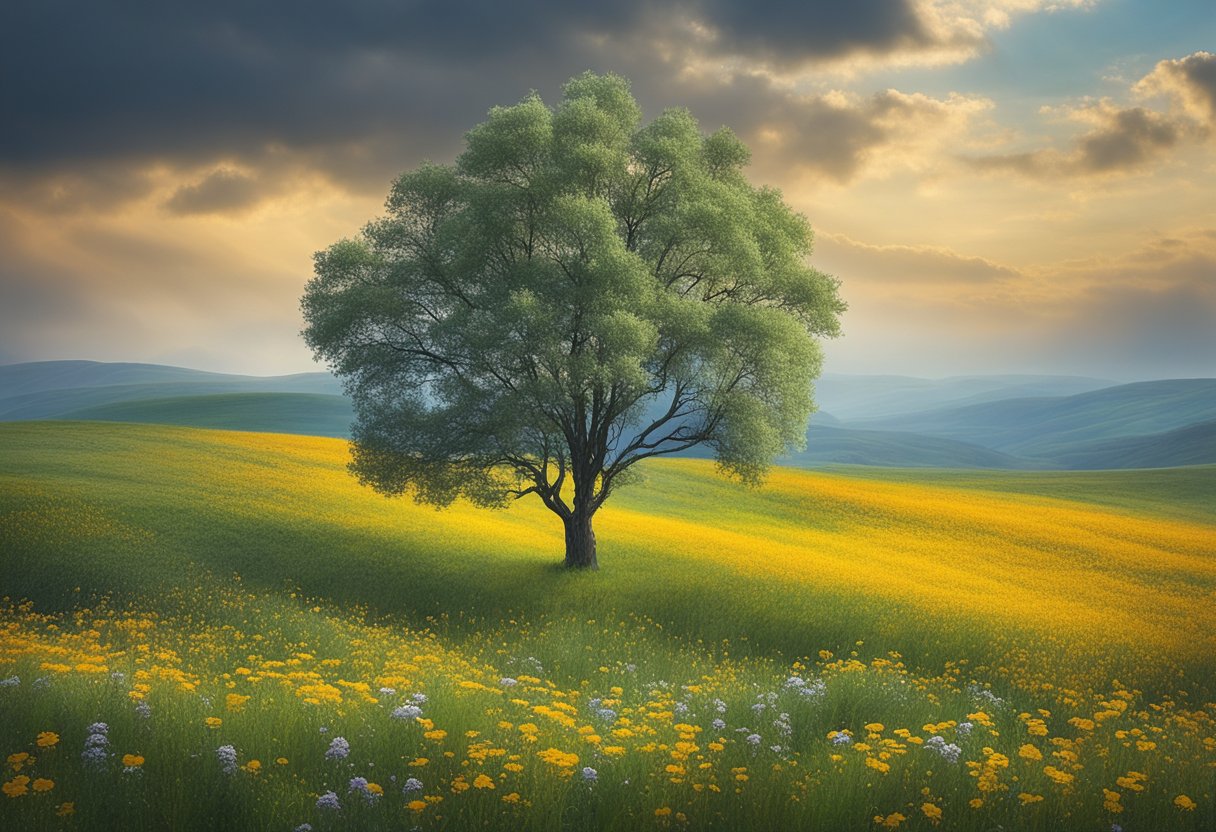 A lone tree stands tall amidst a field of wildflowers, symbolizing strength and independence in the face of adversity
