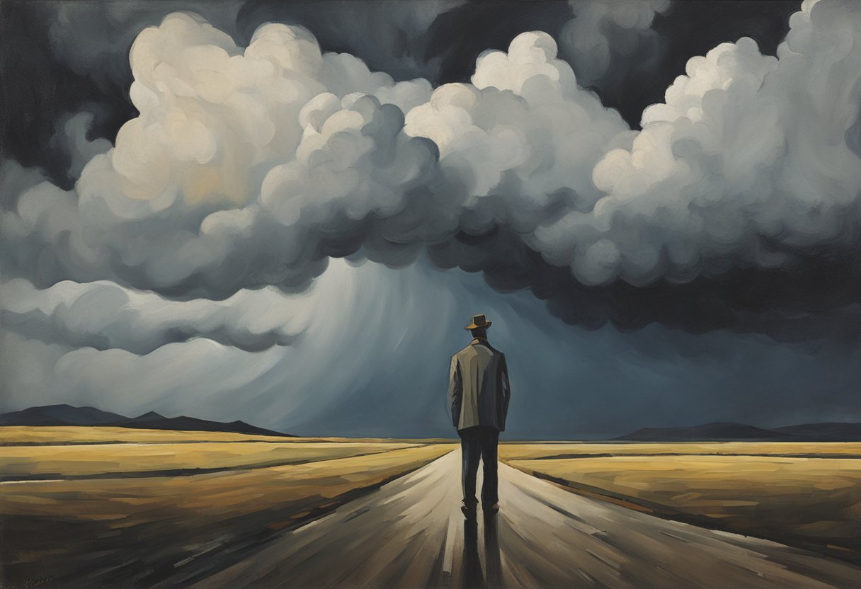 A figure standing alone, facing a stormy sky, with a determined expression
