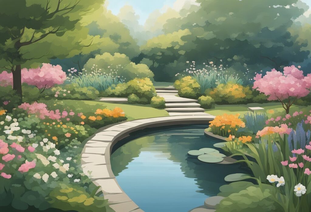 A serene garden with a winding path, blooming flowers, and a peaceful pond. A man sits quietly, surrounded by nature, practicing mindfulness