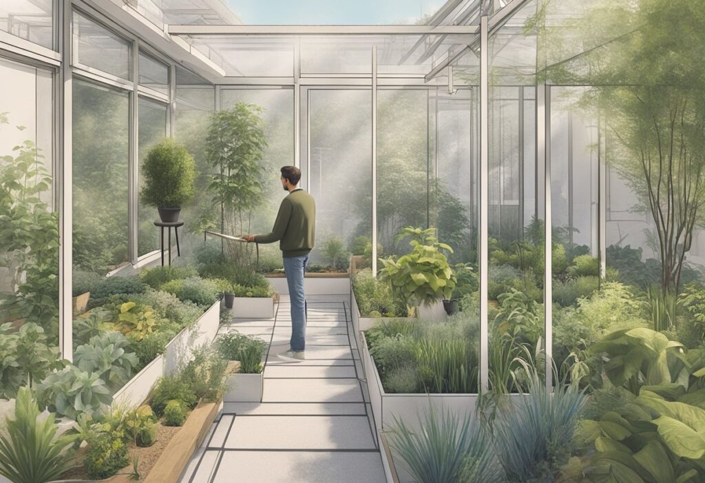 A man calmly tends to a small garden, gently watering the plants and taking time to appreciate their growth. His focused and deliberate movements reflect his mindfulness in daily activities