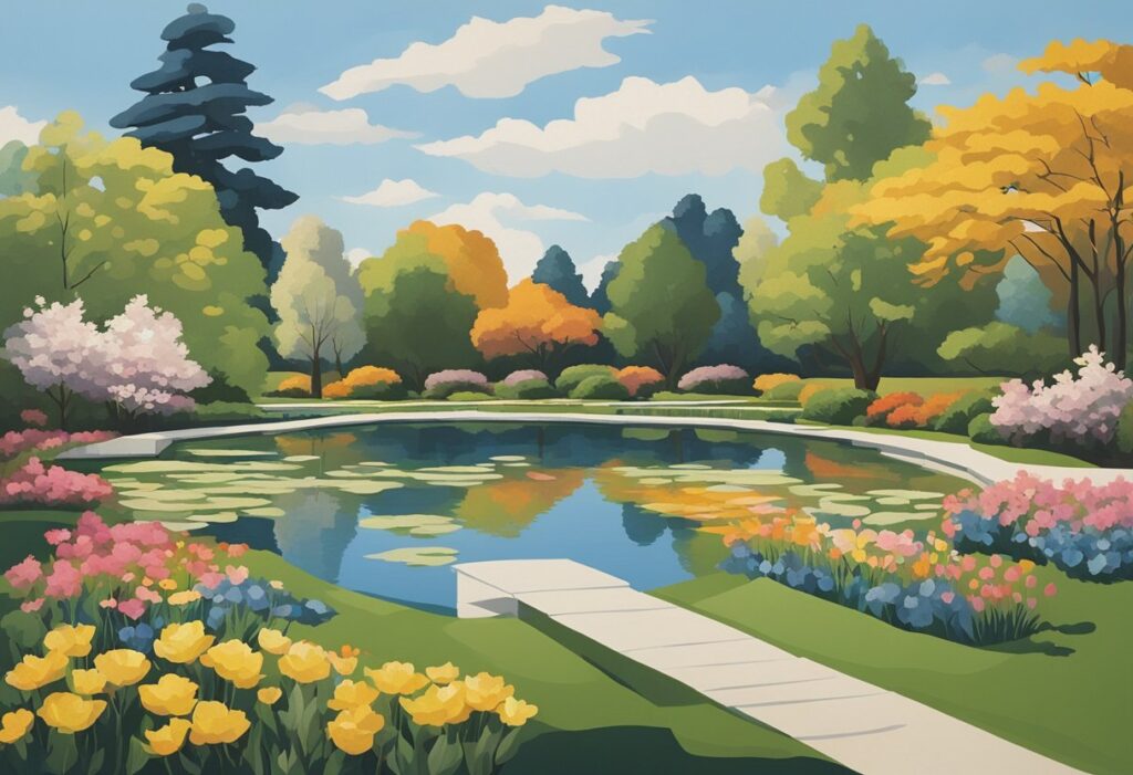 A serene garden with blooming flowers and a tranquil pond, surrounded by tall trees and a clear blue sky