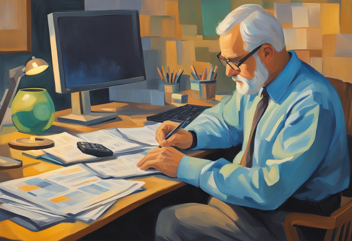 A man sits at a desk, reviewing financial documents and charts. A laptop and calculator are open in front of him, as he strategizes for maximizing income during cancer treatment