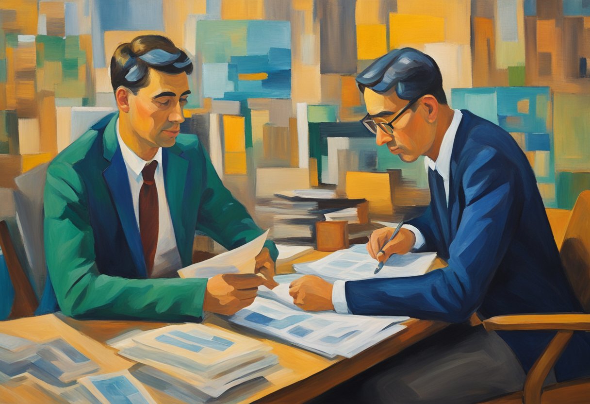 A man reviews financial documents, consults with advisor, and creates budget plan