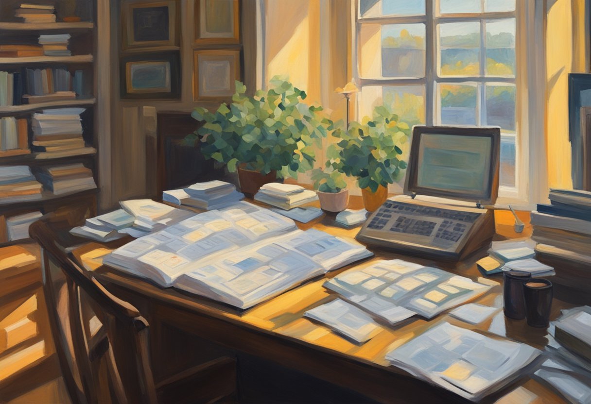 A serene, sunlit room with a desk cluttered with financial documents. A calendar marks important dates. A bookshelf holds titles on cancer survivorship