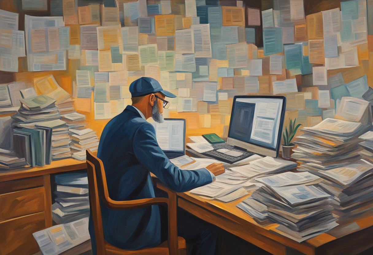 A man sits at a desk, surrounded by financial documents and a laptop. He looks determined as he plans for the future, despite the challenges of cancer