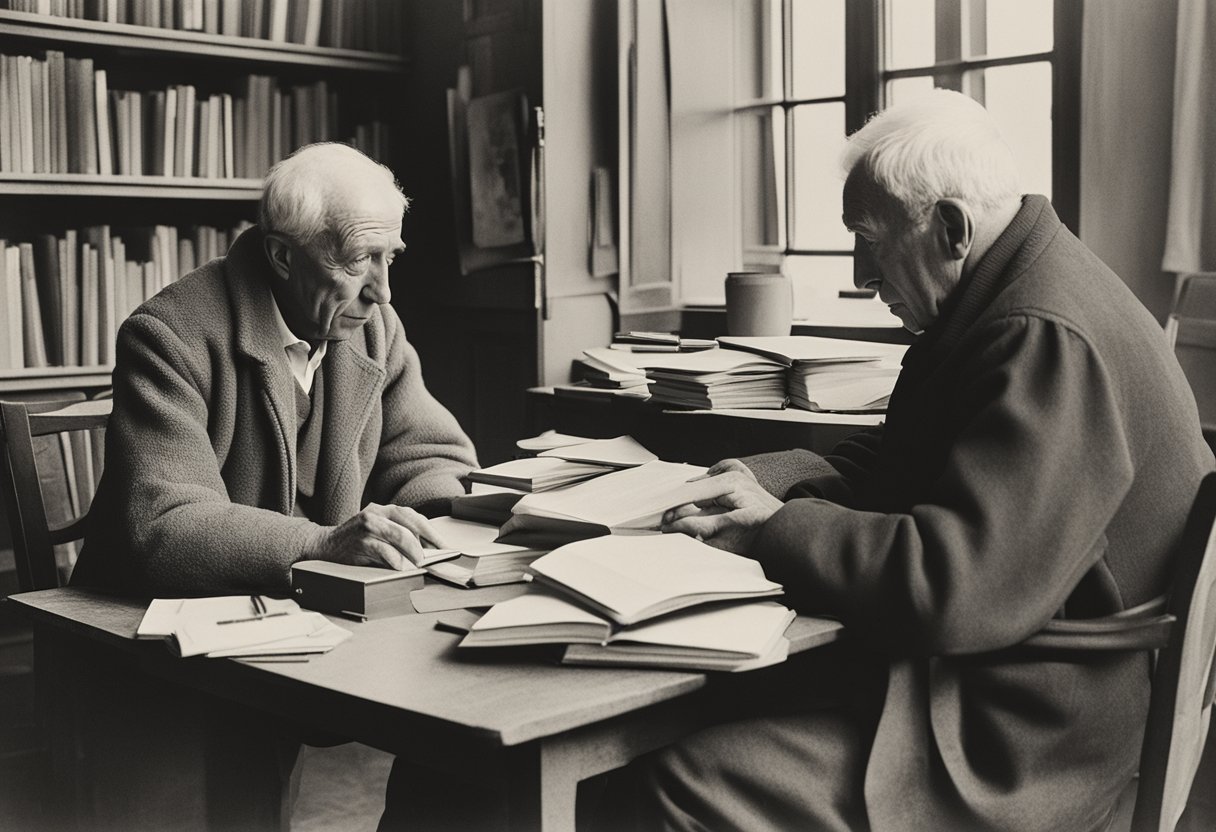 A man sits at a table, surrounded by open books and a laptop. He is engaged in deep conversation with a supportive friend, emphasizing the importance of communication in rebuilding relationships after battling cancer