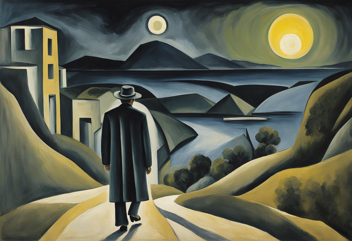 A solitary figure walks a winding path, passing through dark valleys and reaching toward the light on the horizon. In the distance, a bridge symbolizes the journey of emotional healing and relationship rebuilding