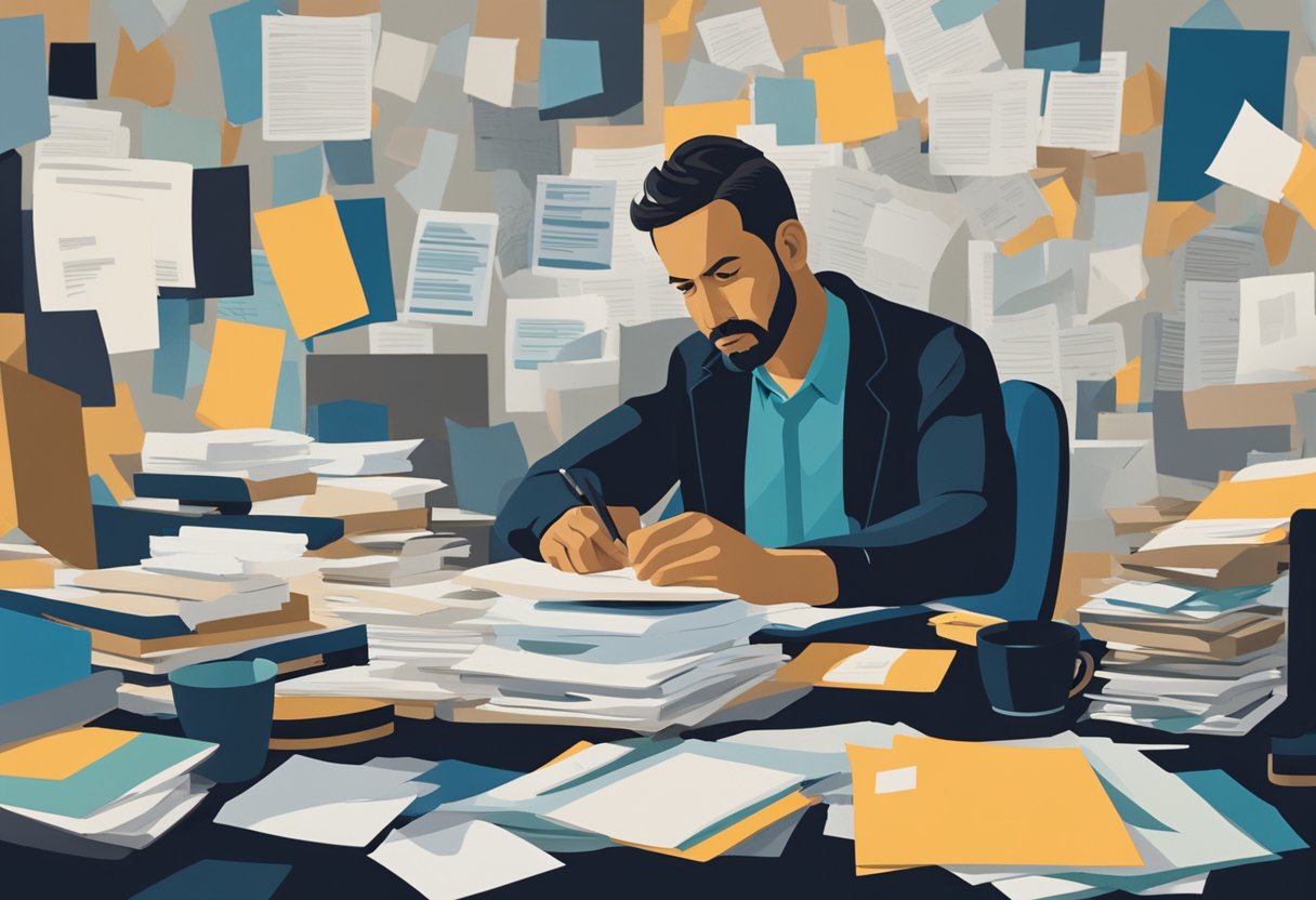 A man sits at a desk surrounded by paperwork, navigating insurance complexities for cancer care. He looks determined and focused
